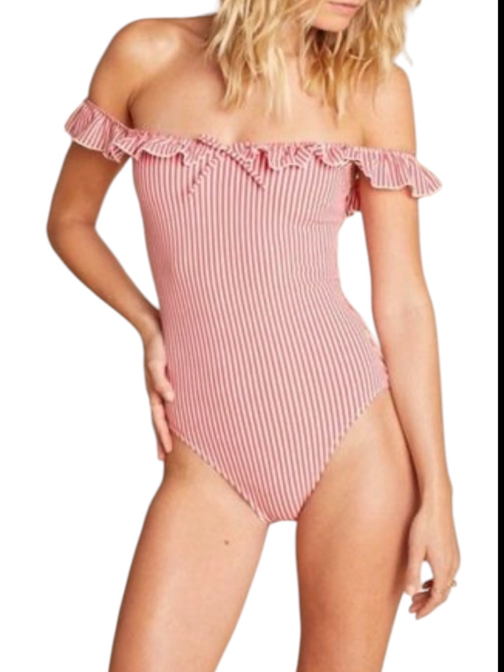 Solid & Striped Amelia Red/White Striped Off-Shoulder Ruffle One-Piece Swim XS